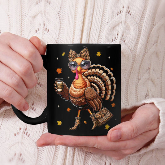 Leopard Turkey Drinking Coffee Thanksgiving Women Turkey Day Beverage Mug